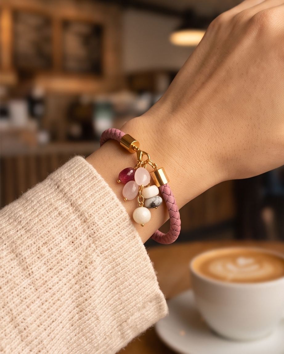Pulsera Bangle Trenzada de Cuero Natural con Charms Mix & Match