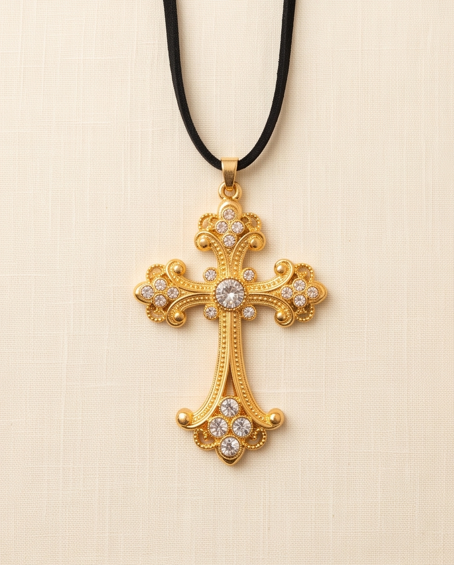 Collar Boho de Cuero Gamuzado Negro con Cruz de Zirconias