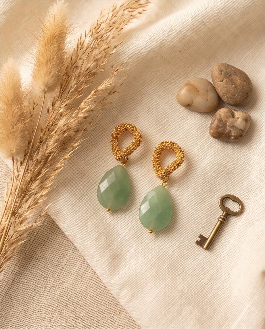 Aretes Aire de Gota de Jade Verde Facetado con Baño de Oro