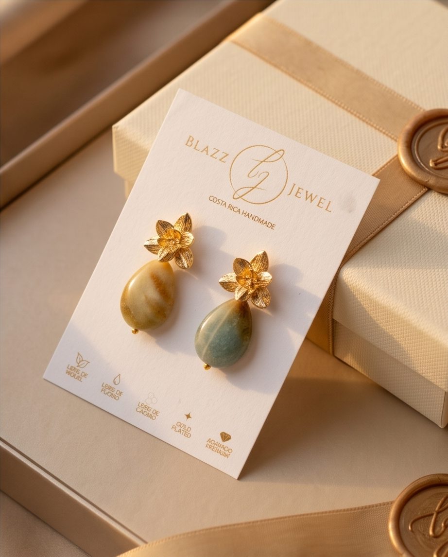 Aretes de Gota de Amazonita Facetada con Base de Flor Labrada 3D en Baño de Oro