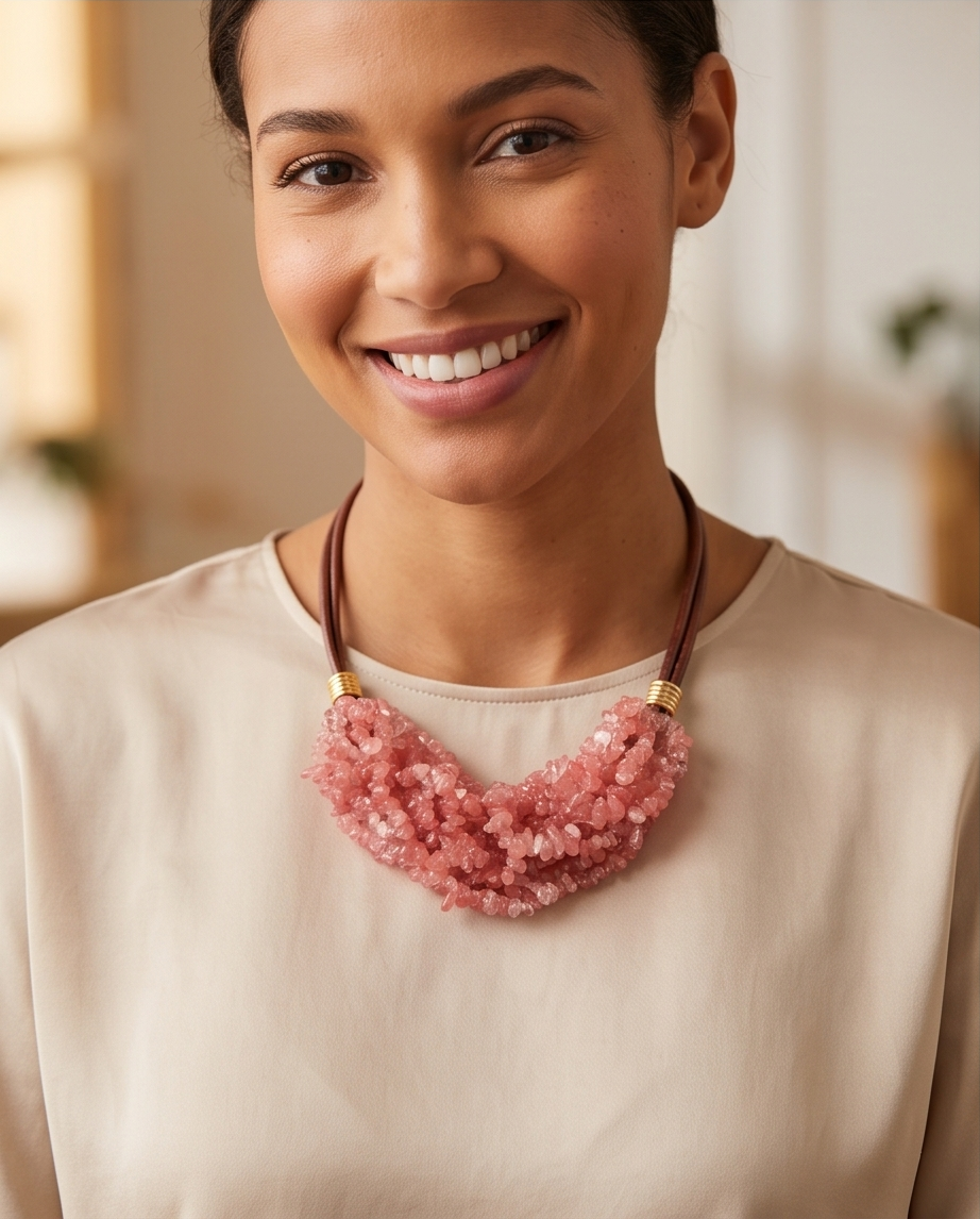 Collar Babero de Cuarzo Cherry Natural y Cuero