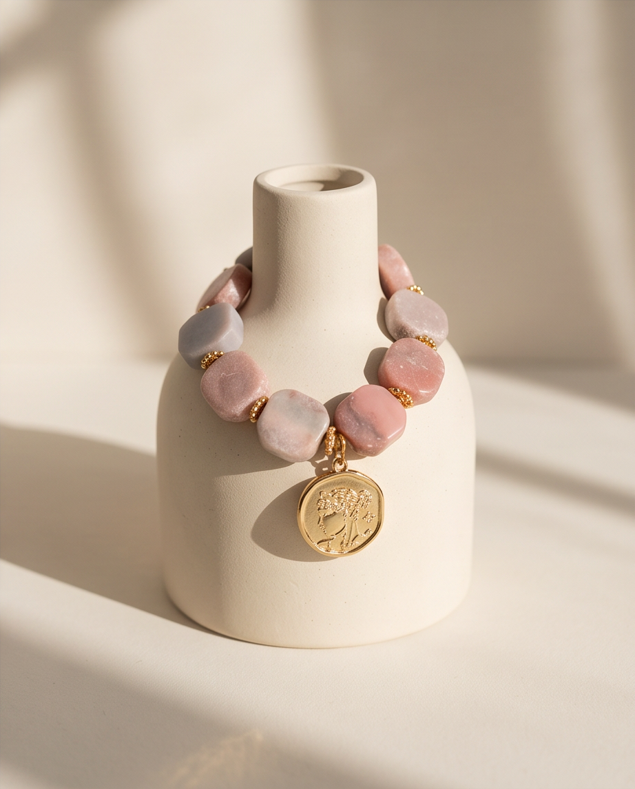Pulsera de Ópalo Rosado en Cubos con Medalla Romana