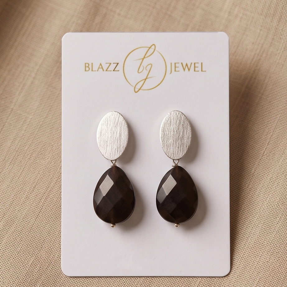 Aretes Ónix gota 12mm & base ovalada plateada