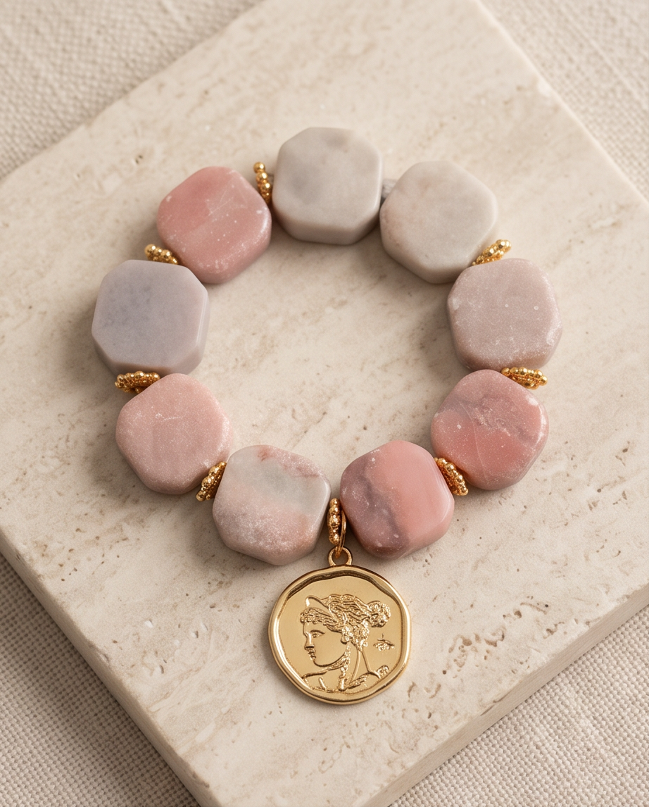 Pulsera de Ópalo Rosado en Cubos con Medalla Romana