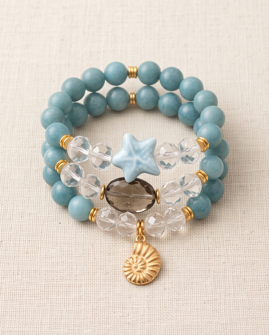 Set de 3 Pulseras de Jade Malasia y Cristales con Dijes Marinos