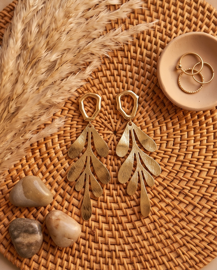 Aretes Maxi de Hoja Labrada con Base Hexagonal en Baño de Oro