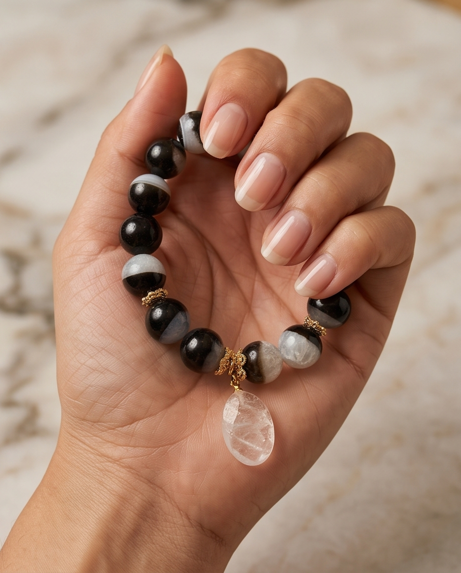 Pulsera de Ágata Marmoleada Negra y Blanca 12 mm con Dije de Cuarzo Blanco