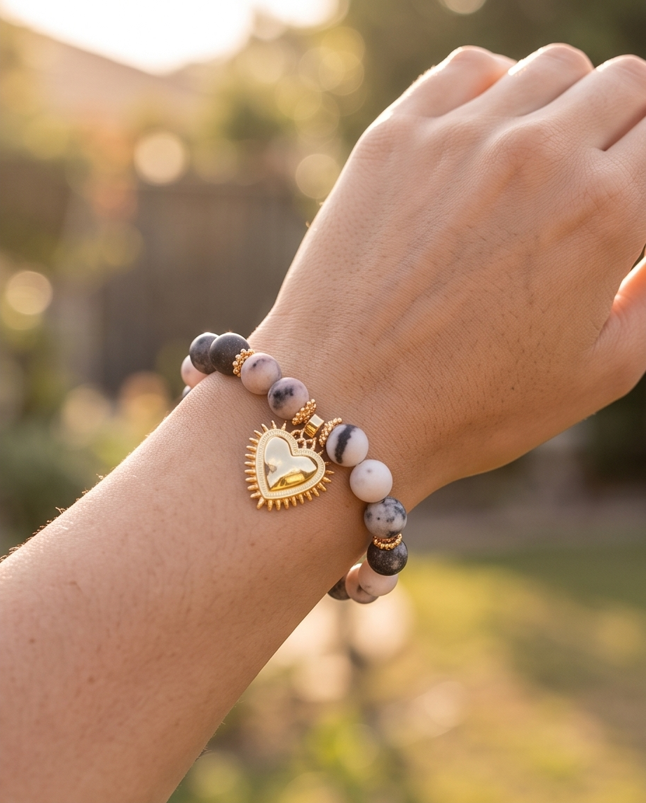 Pulsera de Jaspe Pastel 10 mm con Dije de Corazón Dorado