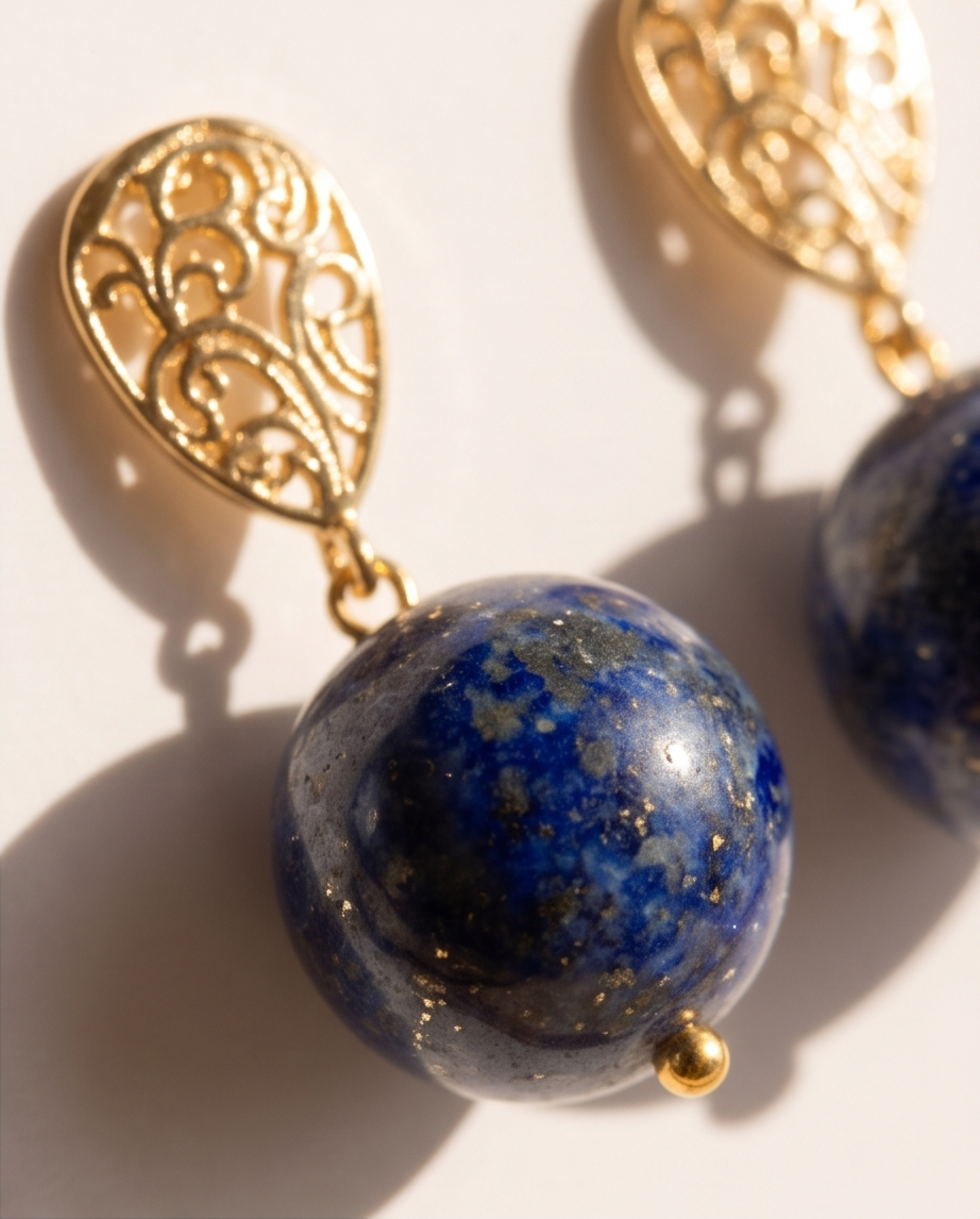 Aretes de Lapislázuli con Base de Gota Labrada en Baño de Oro de 24k
