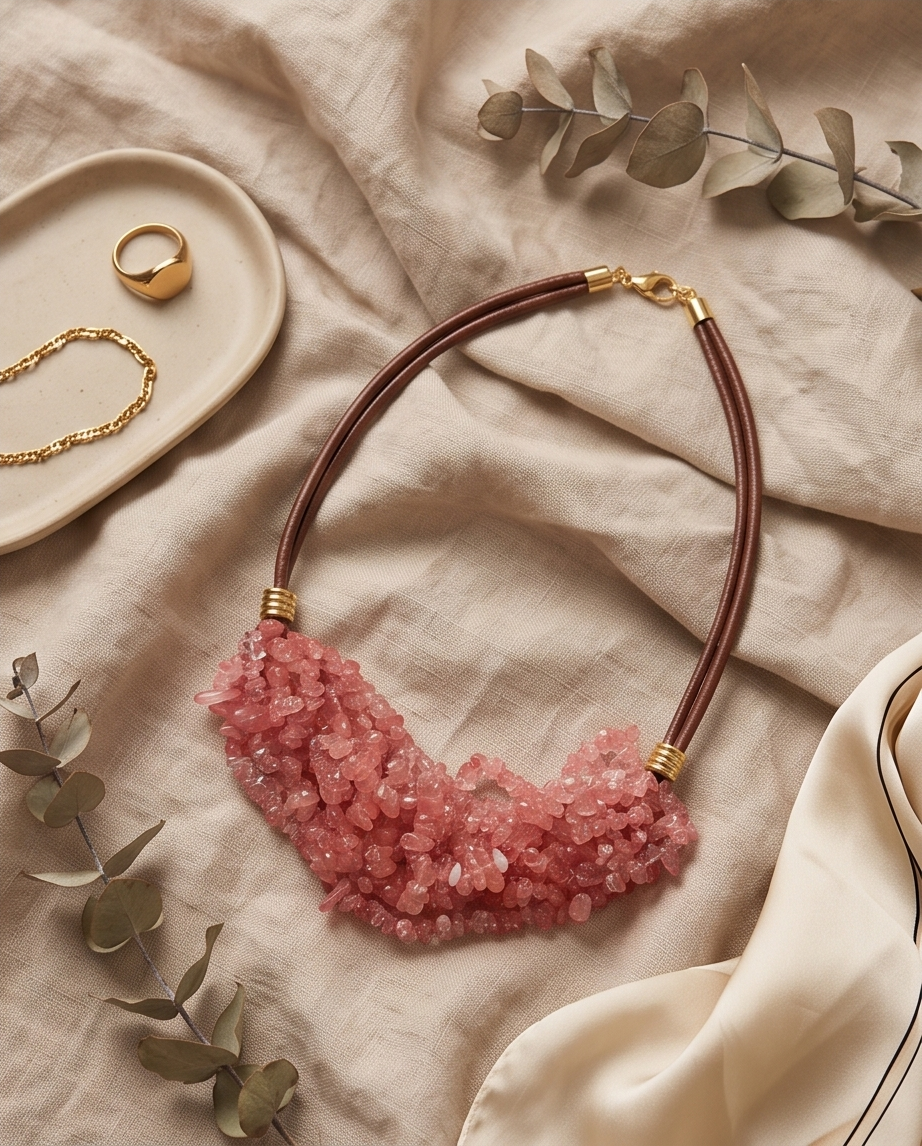 Collar Babero de Cuarzo Cherry Natural y Cuero