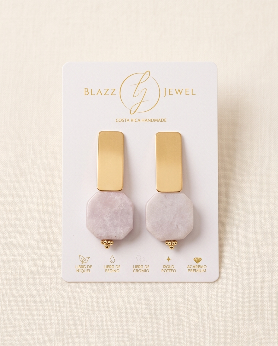 Aretes de Ópalo Rosado en Cubo con Base Dorada