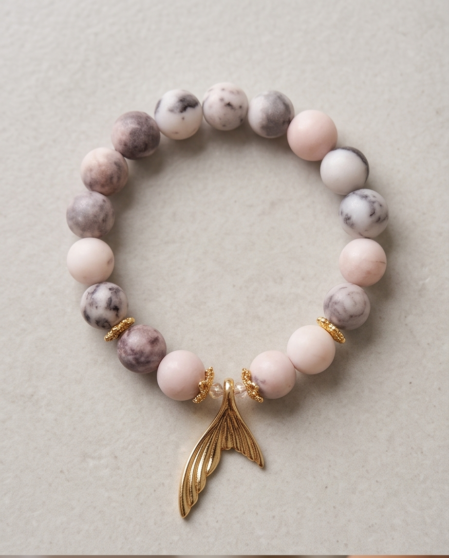 Pulsera de Jaspe Pastel 10 mm con Dije de Cola de Sirena