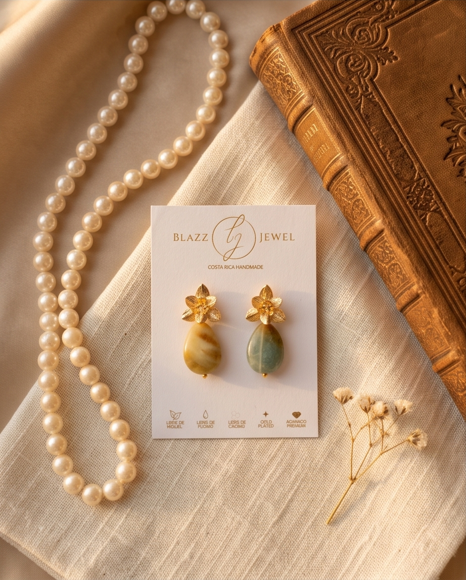 Aretes de Gota de Amazonita Facetada con Base de Flor Labrada 3D en Baño de Oro