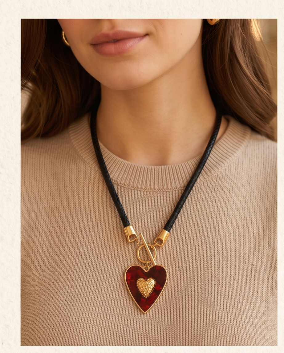 Collar de Cordón Negro con Dije de Corazón Dorado y Fondo Rojo