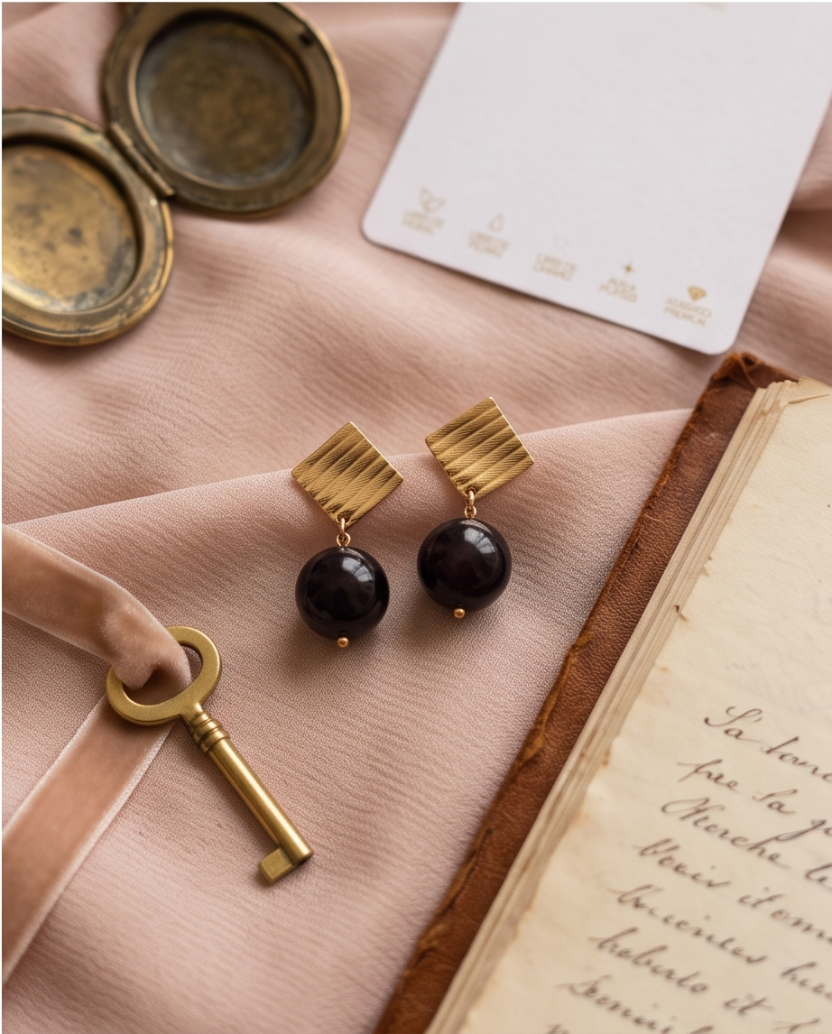 Aretes Ónix esfera 12mm facetada & base rectangular con textura