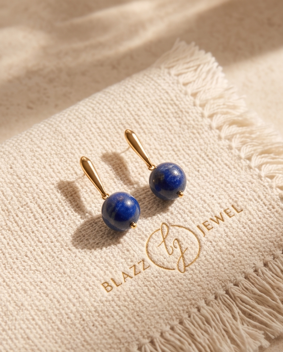 Aretes de Lapislázuli Liso con Base de Palito Dorado en Baño de Oro