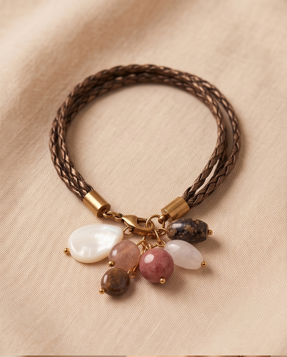 Pulsera de Cuero Trenzado Mix & Match con Charms de Piedras Naturales