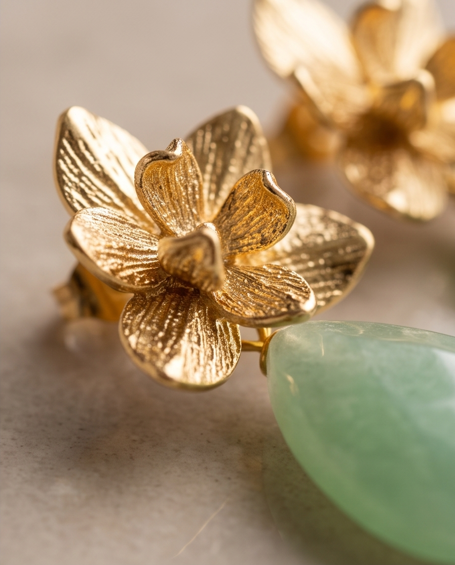 Aretes de Gota de Jade Verde Facetado con Base de Flor Labrada en Baño de Oro