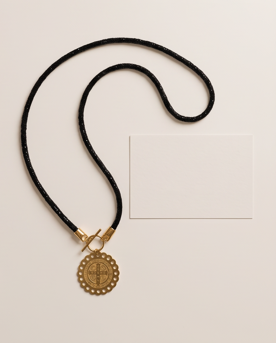 Collar de Cordón Negro con Medalla Dorada de San Benito