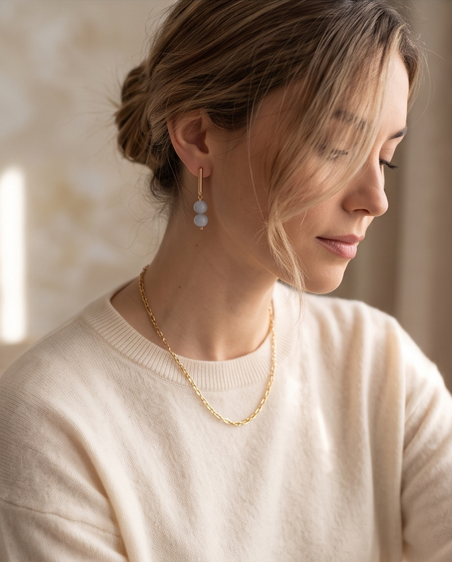 Aretes de Jade Malasia Celeste en Esferas con Base Dorada