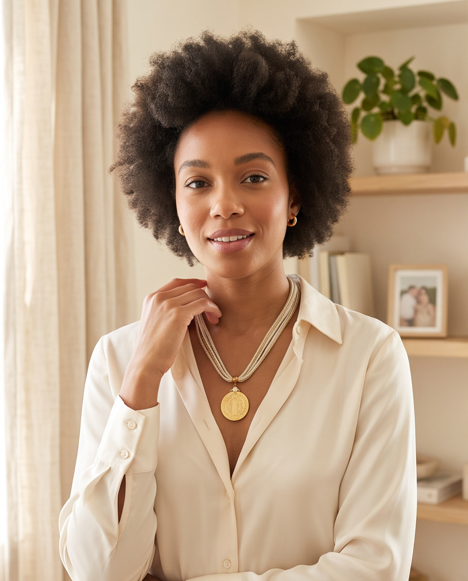 Collar Milano Biege de Algodón con Medalla de San Benito y Perla Natural