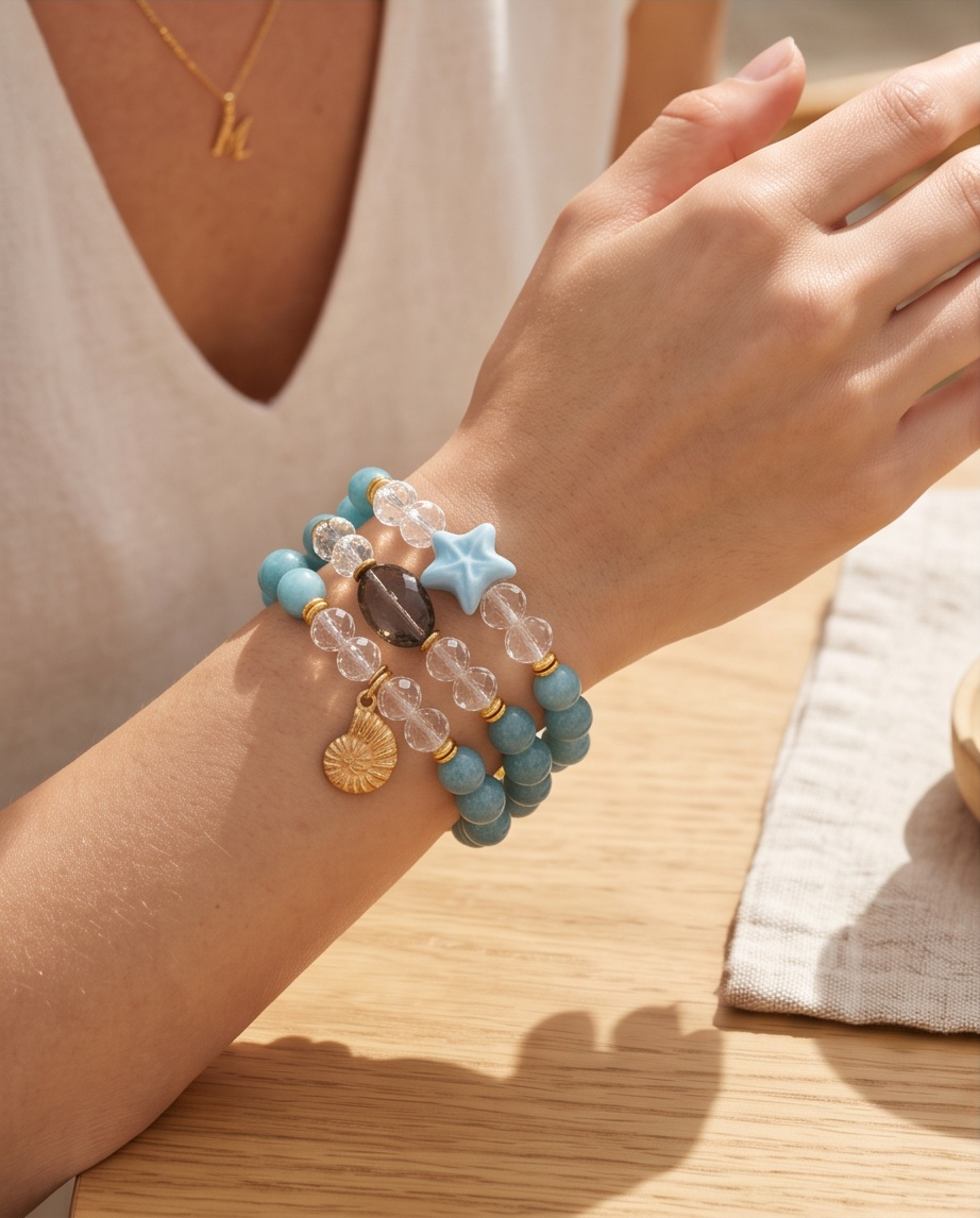 Set de 3 Pulseras de Jade Malasia y Cristales con Dijes Marinos