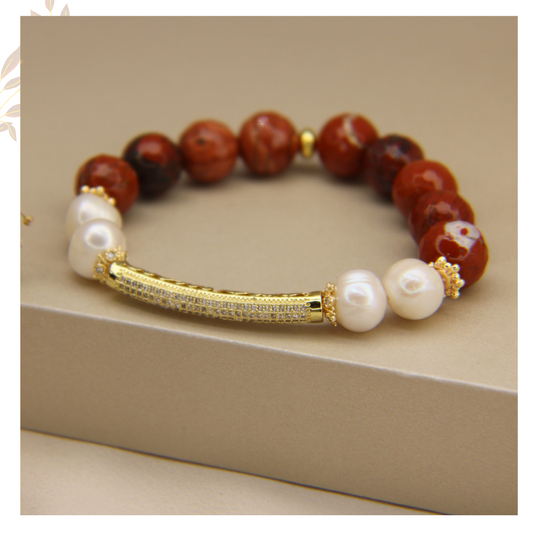 Pulsera Jaspe Rojo 12mm y perla blanca & enlace de tubo con zirconias y baño en oro