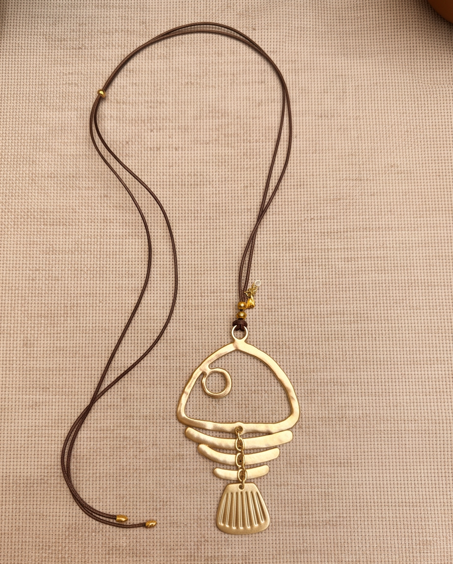 Collar Boho Dije Esqueleto Pez Oro Mate