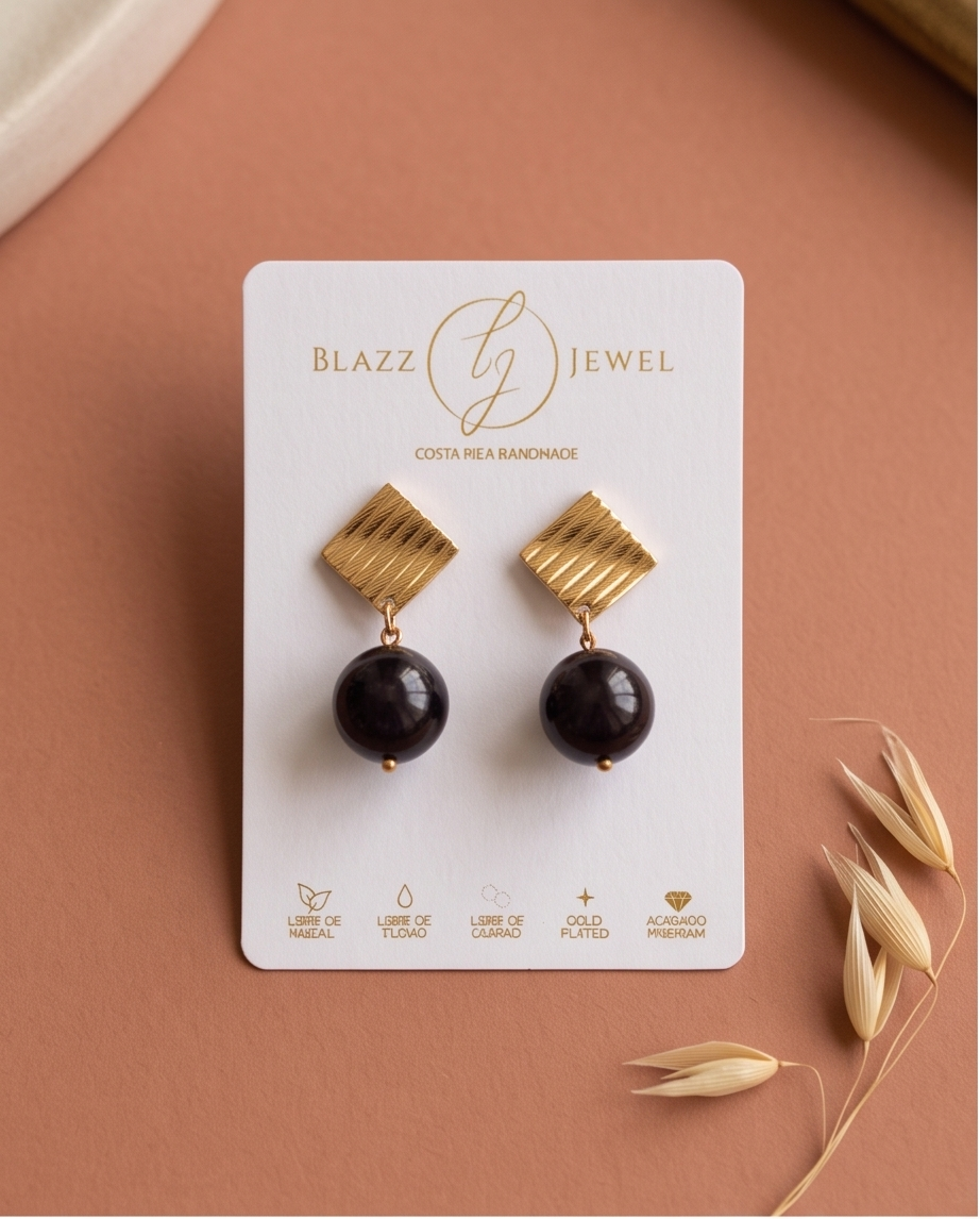Aretes Ónix esfera 12mm facetada & base rectangular con textura