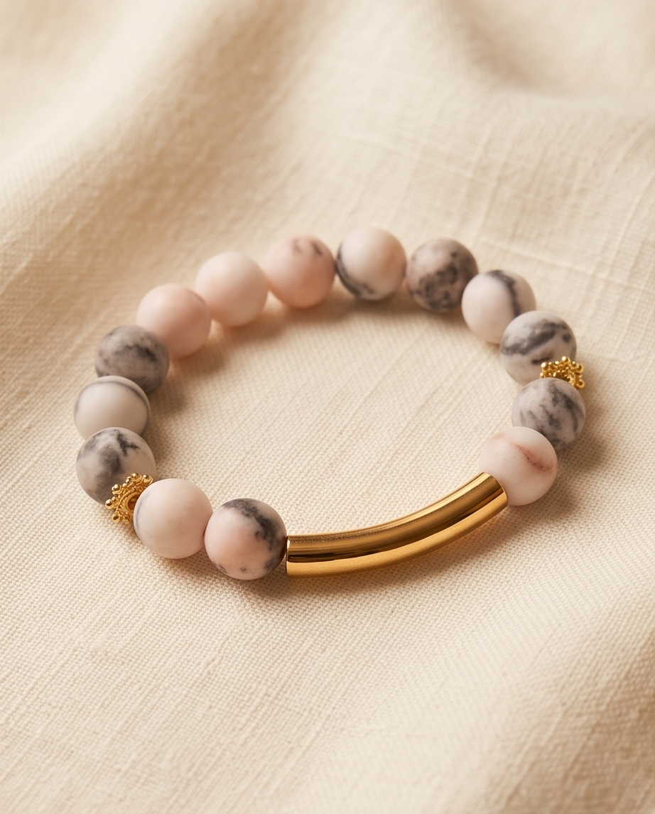 Pulsera de Jaspe Pastel 10 mm con Enlace de Tubo Dorado