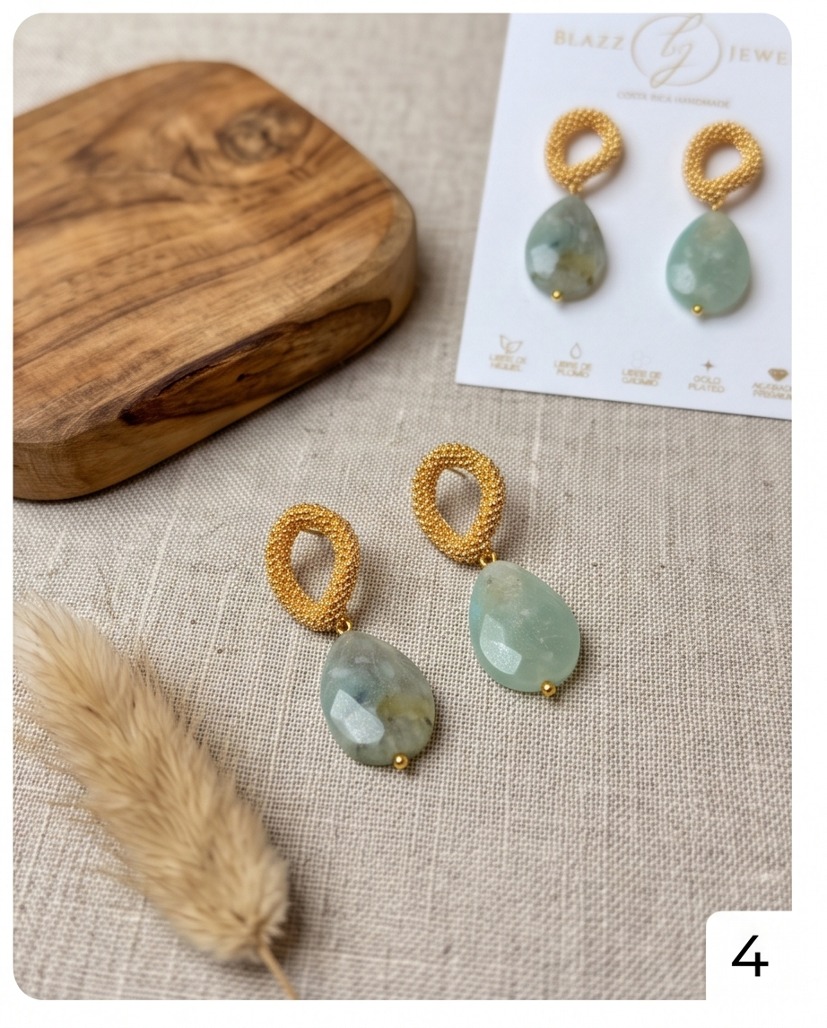 Aretes Aire de Gota de Amazonita Facetada con Base Ovalada