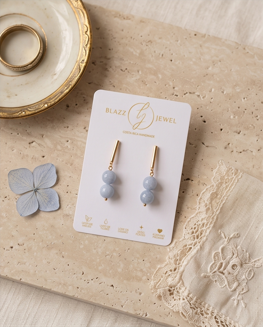 Aretes de Jade Malasia Celeste en Esferas con Base Dorada