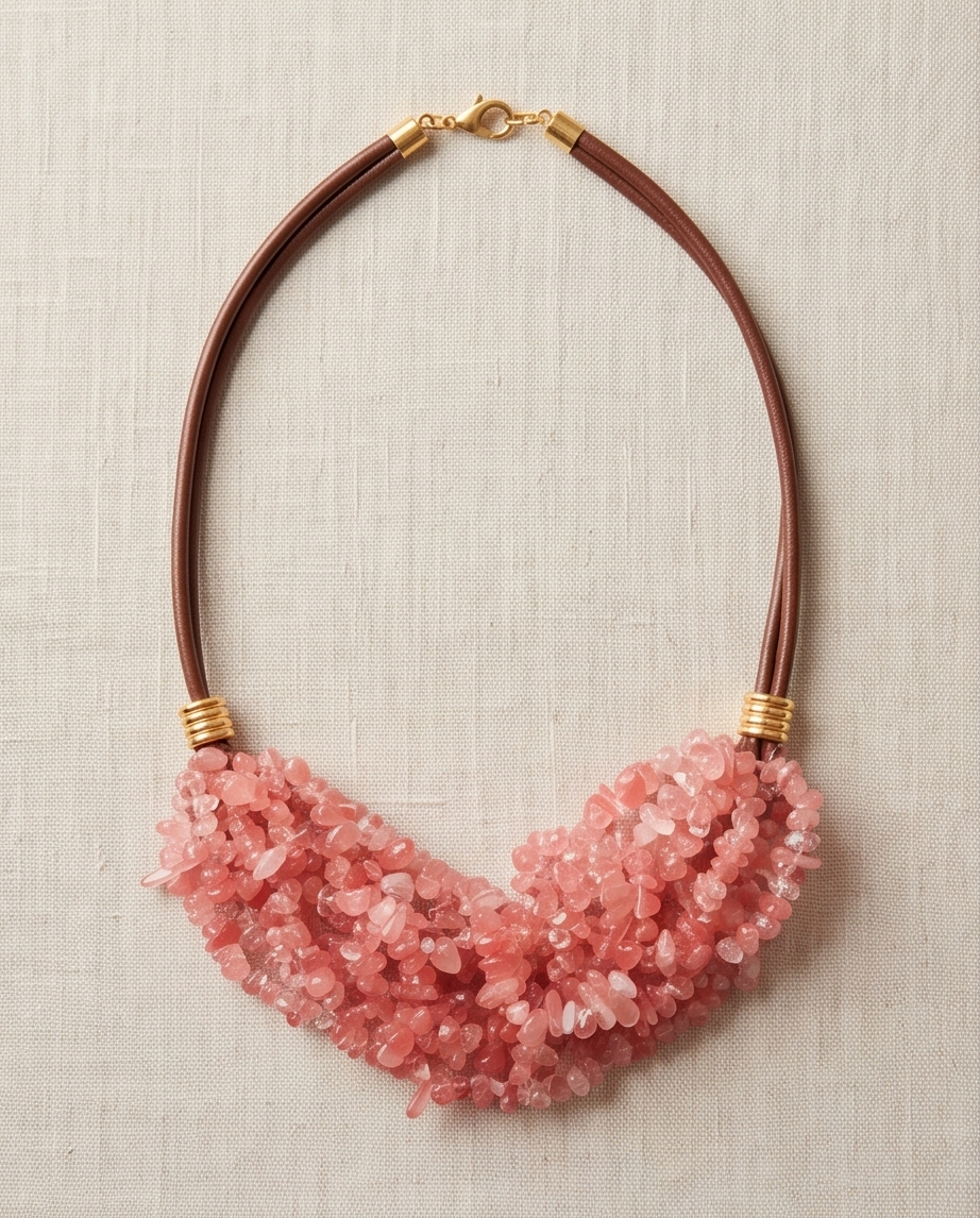Collar Babero de Cuarzo Cherry Natural y Cuero
