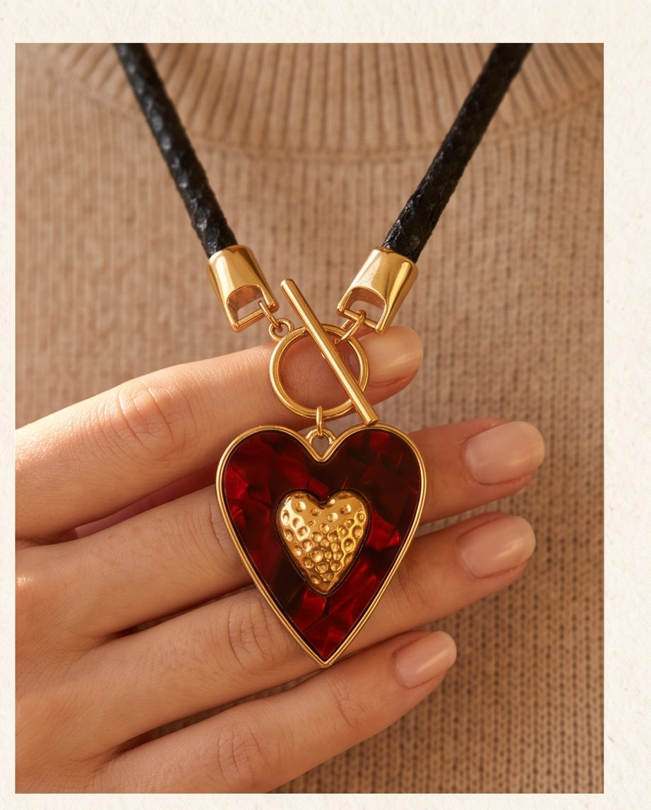 Collar de Cordón Negro con Dije de Corazón Dorado y Fondo Rojo