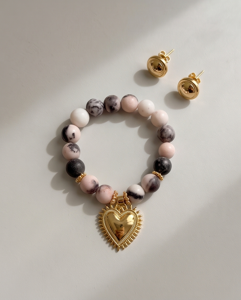Pulsera de Jaspe Pastel 10 mm con Dije de Corazón Dorado