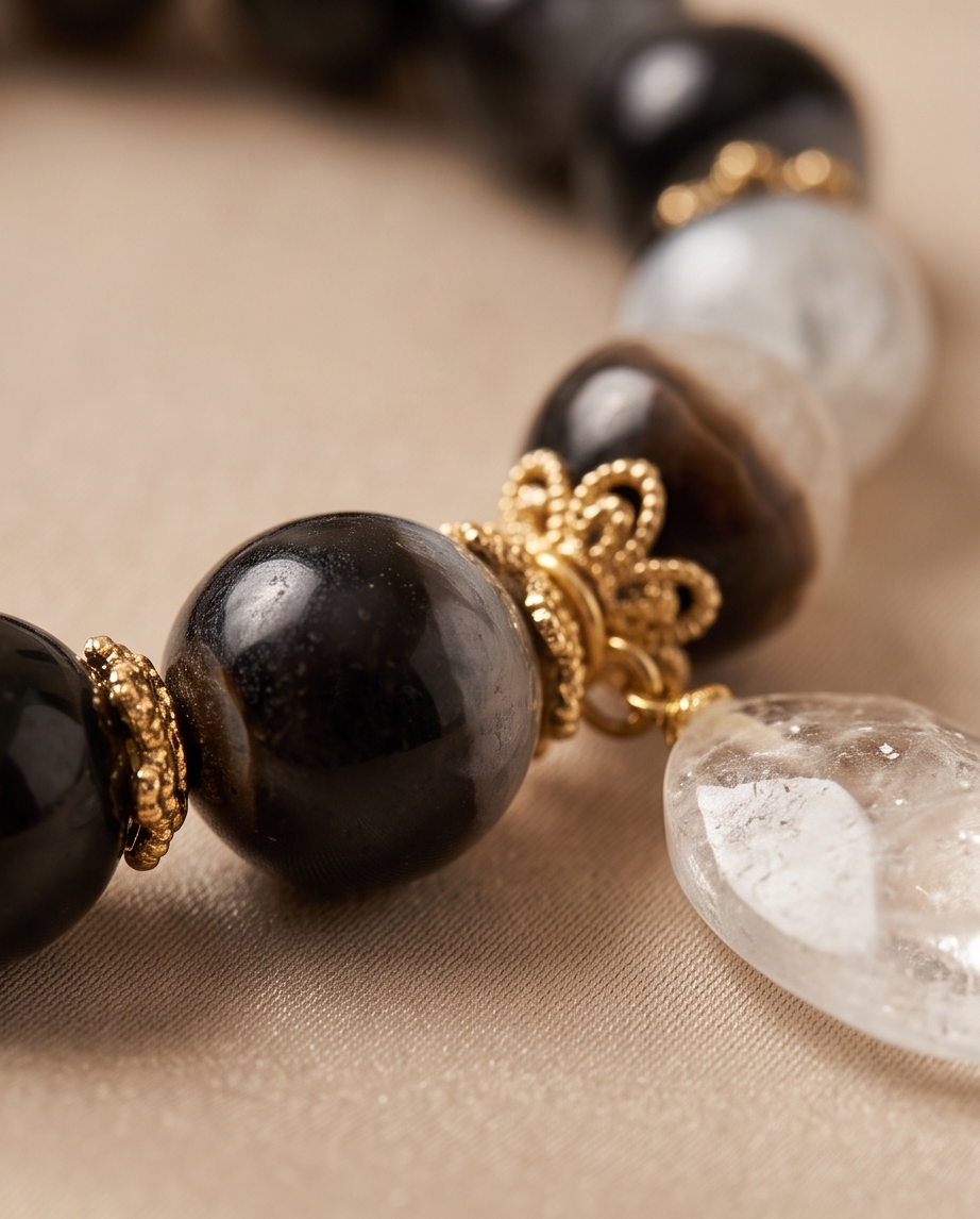 Pulsera de Ágata Marmoleada Negra y Blanca 12 mm con Dije de Cuarzo Blanco