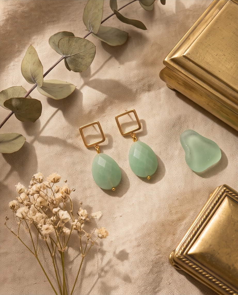 Aretes de Gota de Jade Verde Facetado con Base Cuadrada en Baño de Oro