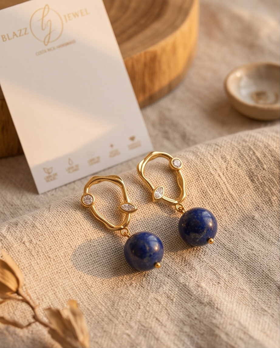 Aretes de Lapislázuli Liso con Base Ovalada con Dos Zirconias