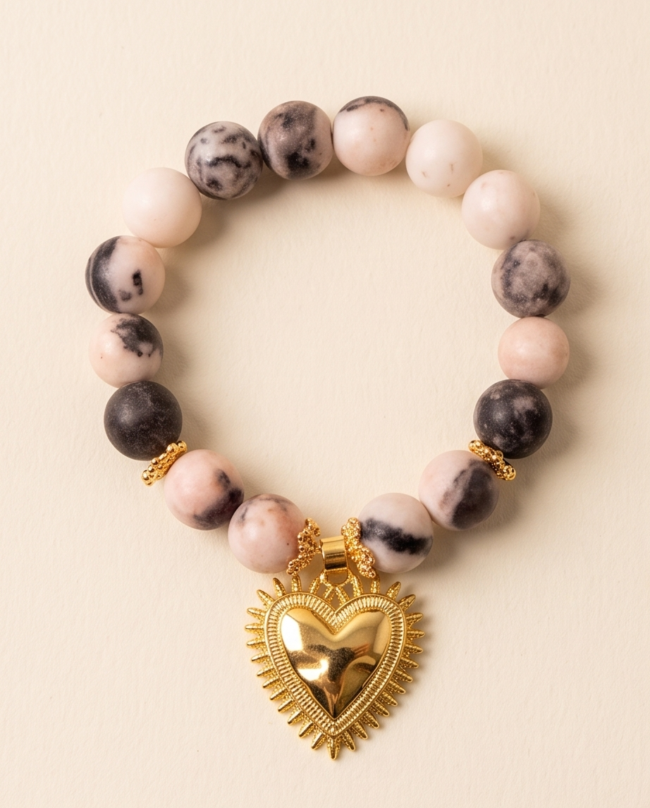 Pulsera de Jaspe Pastel 10 mm con Dije de Corazón Dorado