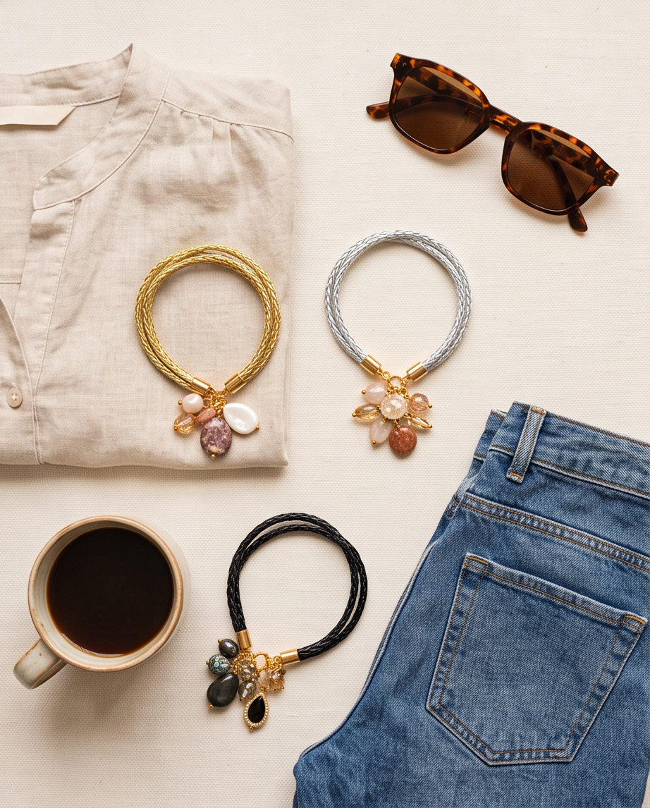 Pulsera de Cuero Trenzado Mix & Match con Charms de Piedras Naturales