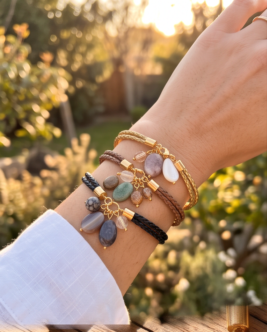 Pulsera de Cuero Trenzado Mix & Match con Charms de Piedras Naturales