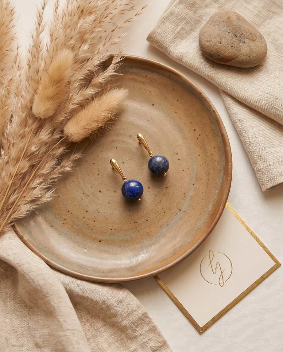 Aretes de Lapislázuli Liso con Base de Palito Dorado en Baño de Oro