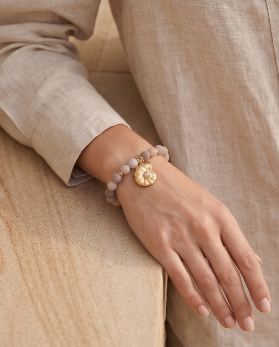 Pulsera Agata Drusy con dije de caracola dorada y zirconias