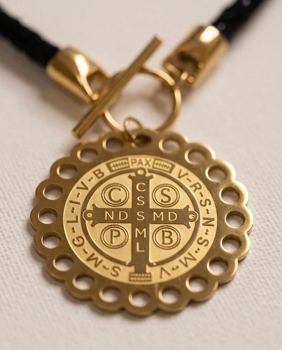 Collar de Cordón Negro con Medalla Dorada de San Benito