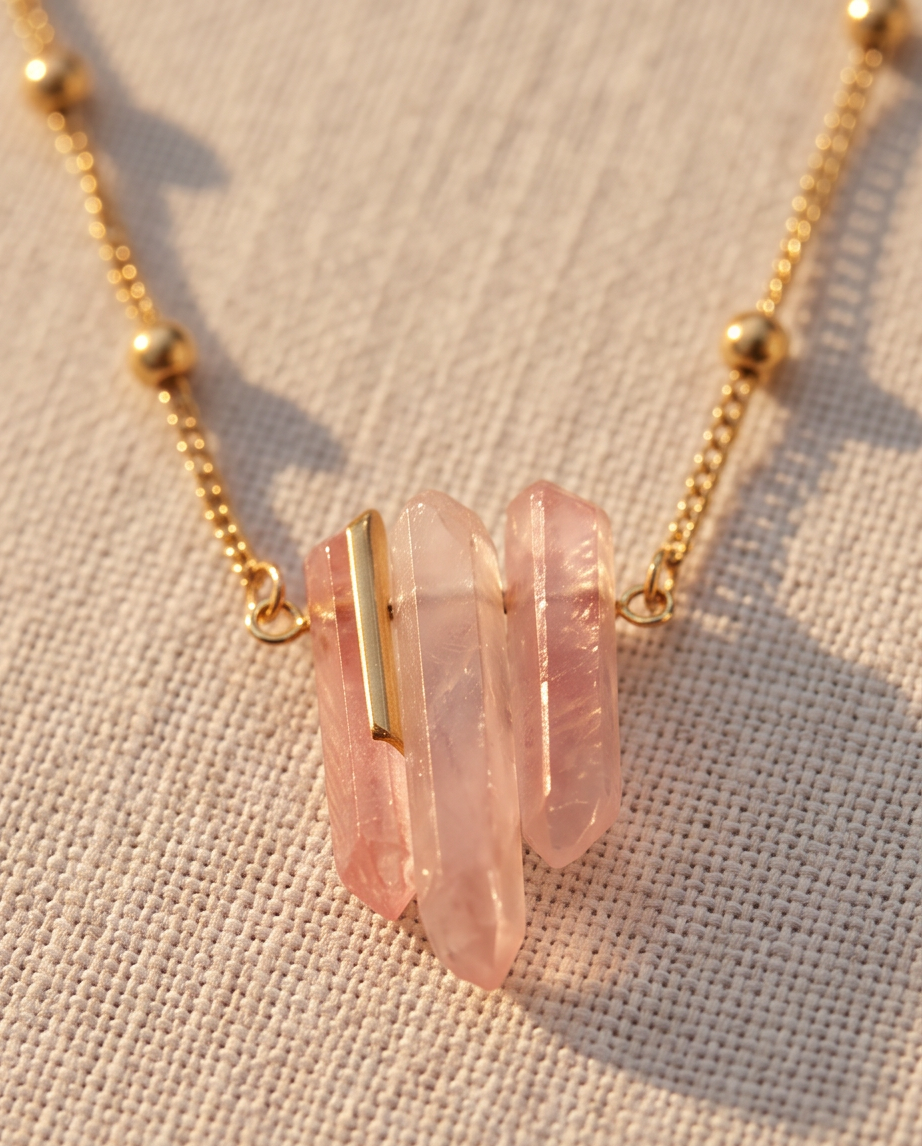 Cadena Sarah Dorada con Dije de Cuarzo Rosado de Tres Puntas