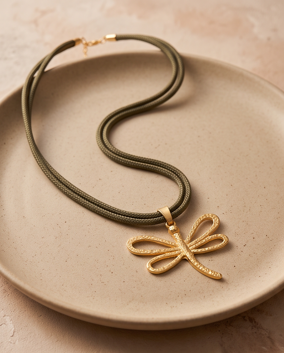 Collar Nerea de Cordón Náutico Verde con Dije de Esqueleto de Pez en Oro Mate