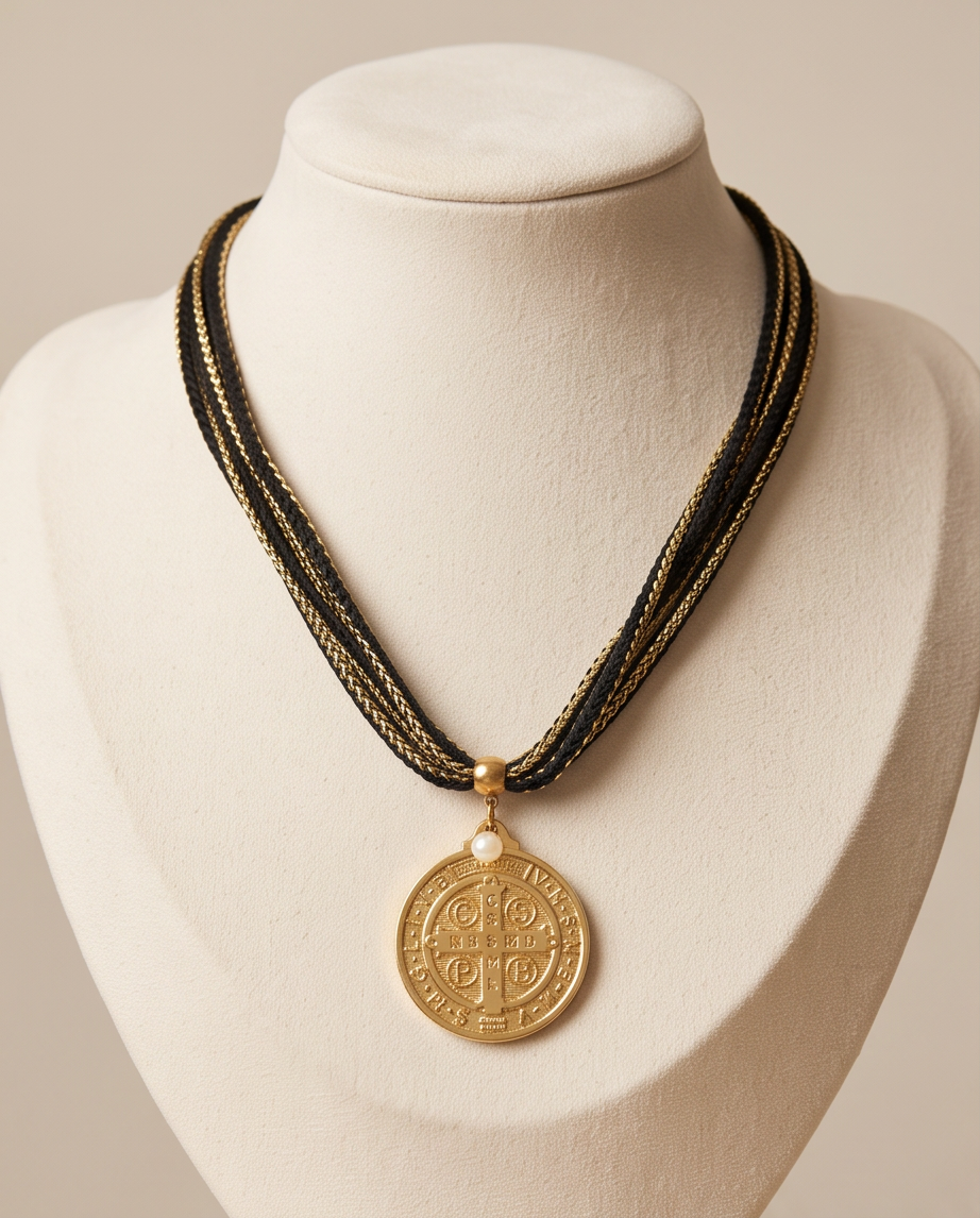 Collar Roma Negro de Algodón con Medalla de San Benito y Perla Natural