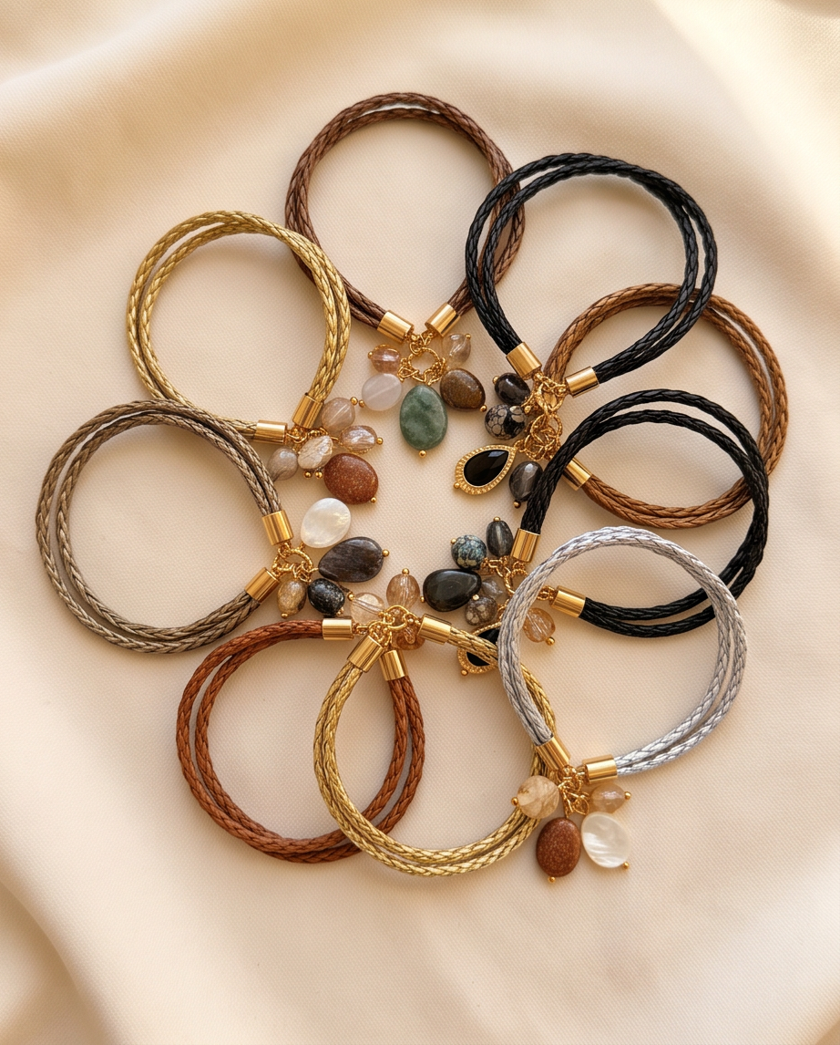 Pulsera de Cuero Trenzado Mix & Match con Charms de Piedras Naturales