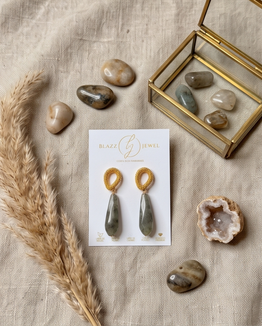 Aretes Aire de Gota Maxi de Labradorita Facetada con Base Ovalada Texturizada