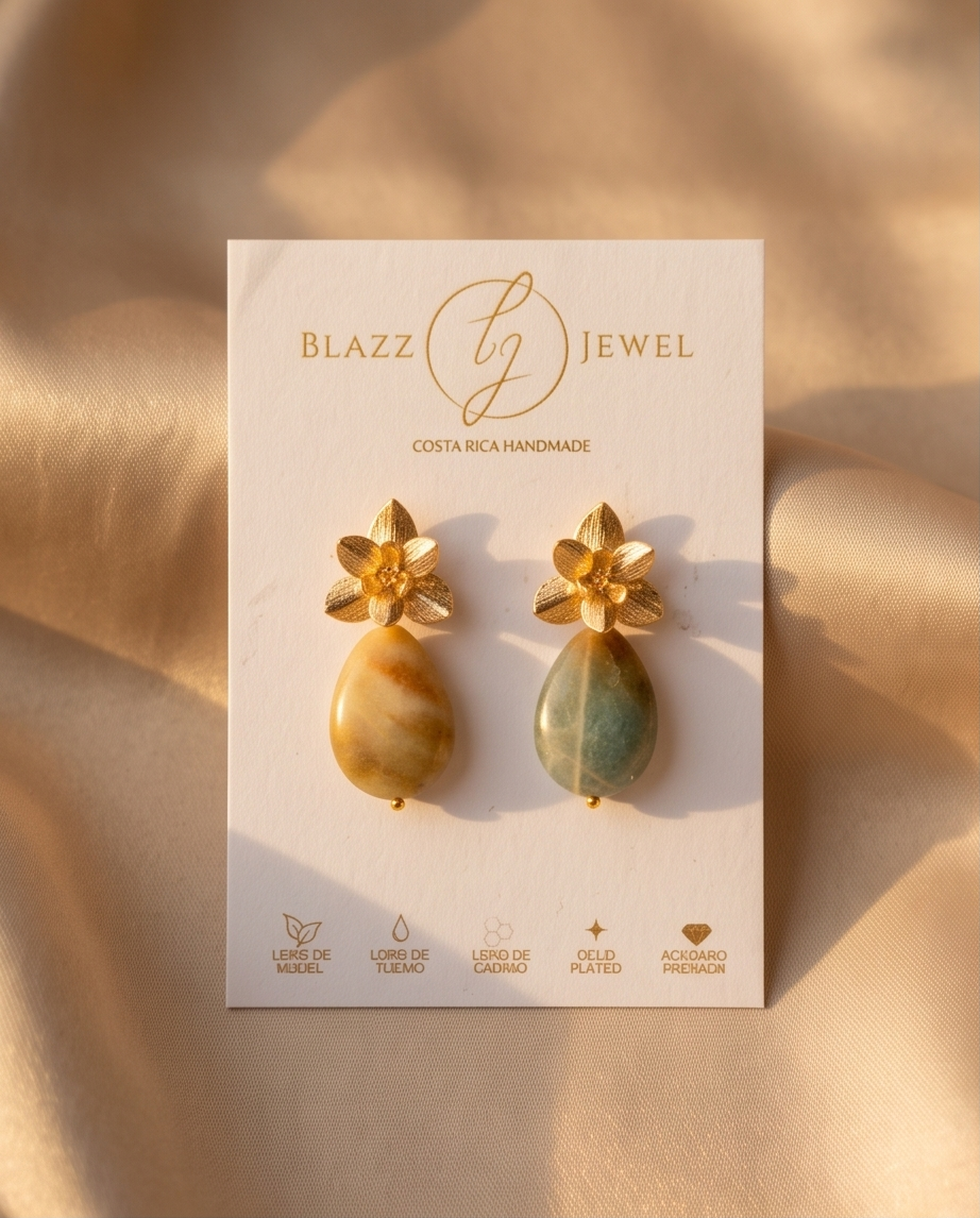 Aretes de Gota de Amazonita Facetada con Base de Flor Labrada 3D en Baño de Oro
